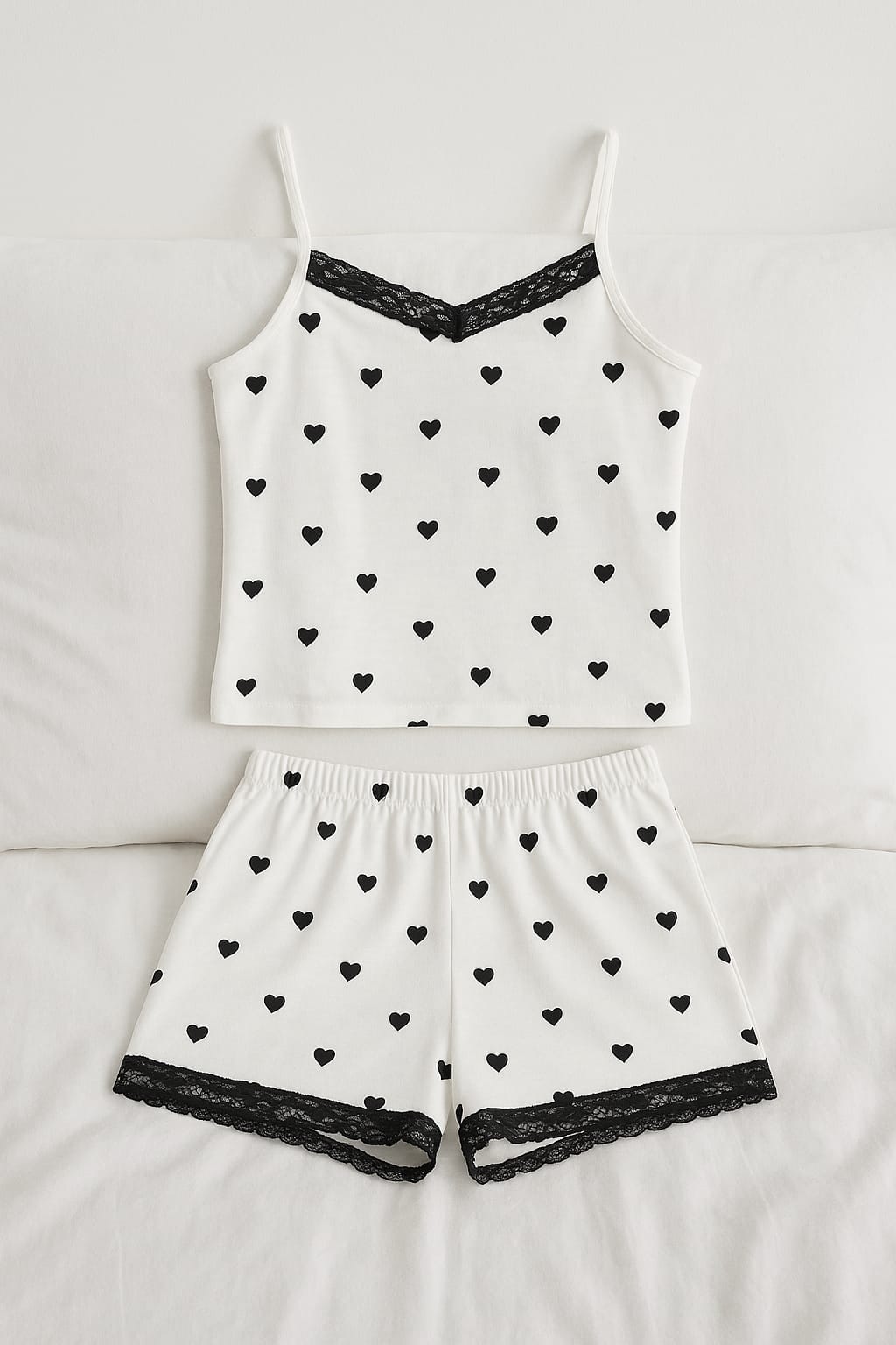 Kalp Desenli Dantel Detaylı Pijama Takımı